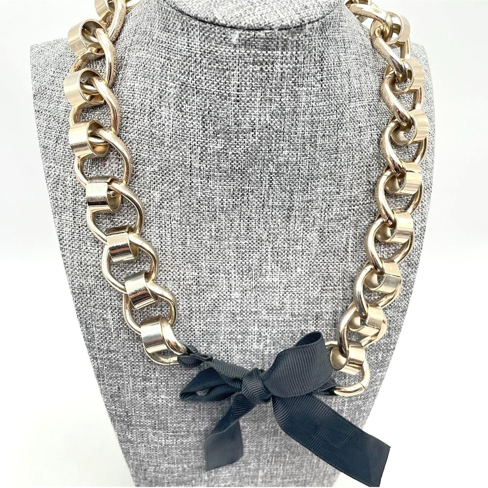 Vintage Gold Tone Chunky Chain Necklace Black Ribbon Bow Accent Jewelry Boho 90s